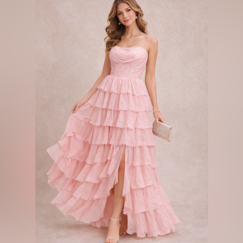 Strapless Taffeta Ruffles Slit pink sequins corset long dress size 8 Barbie
